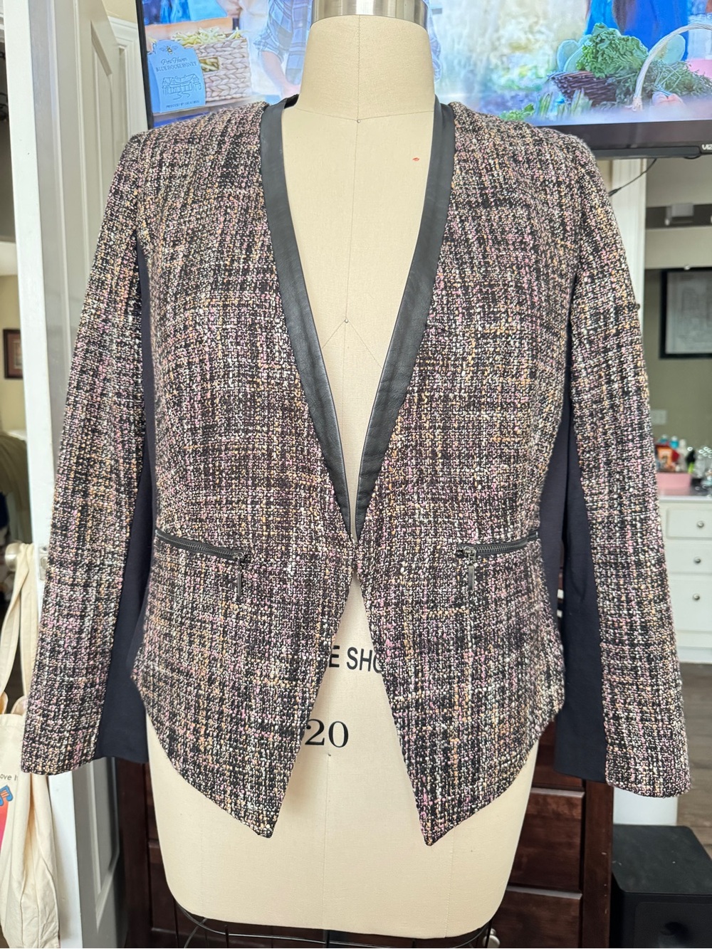 Lane Bryant Black and Pink Tweed Open-Front Blazer